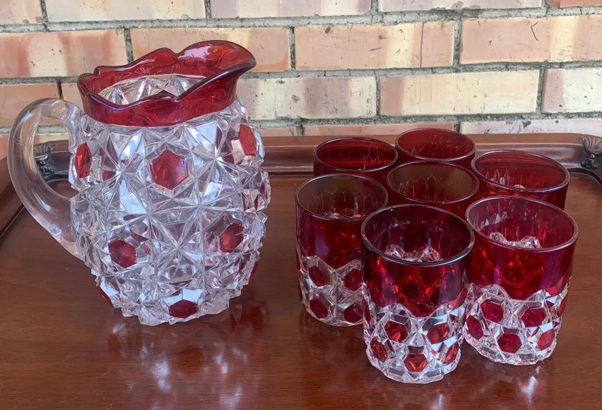 Antique Ruby Cut Glass Pitcher And Tumblers Set 1