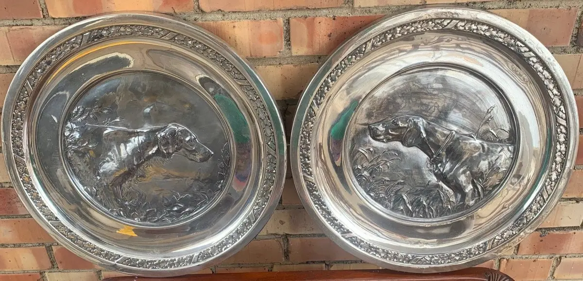 Pair Of Silver Hunting Dog Plaques 1