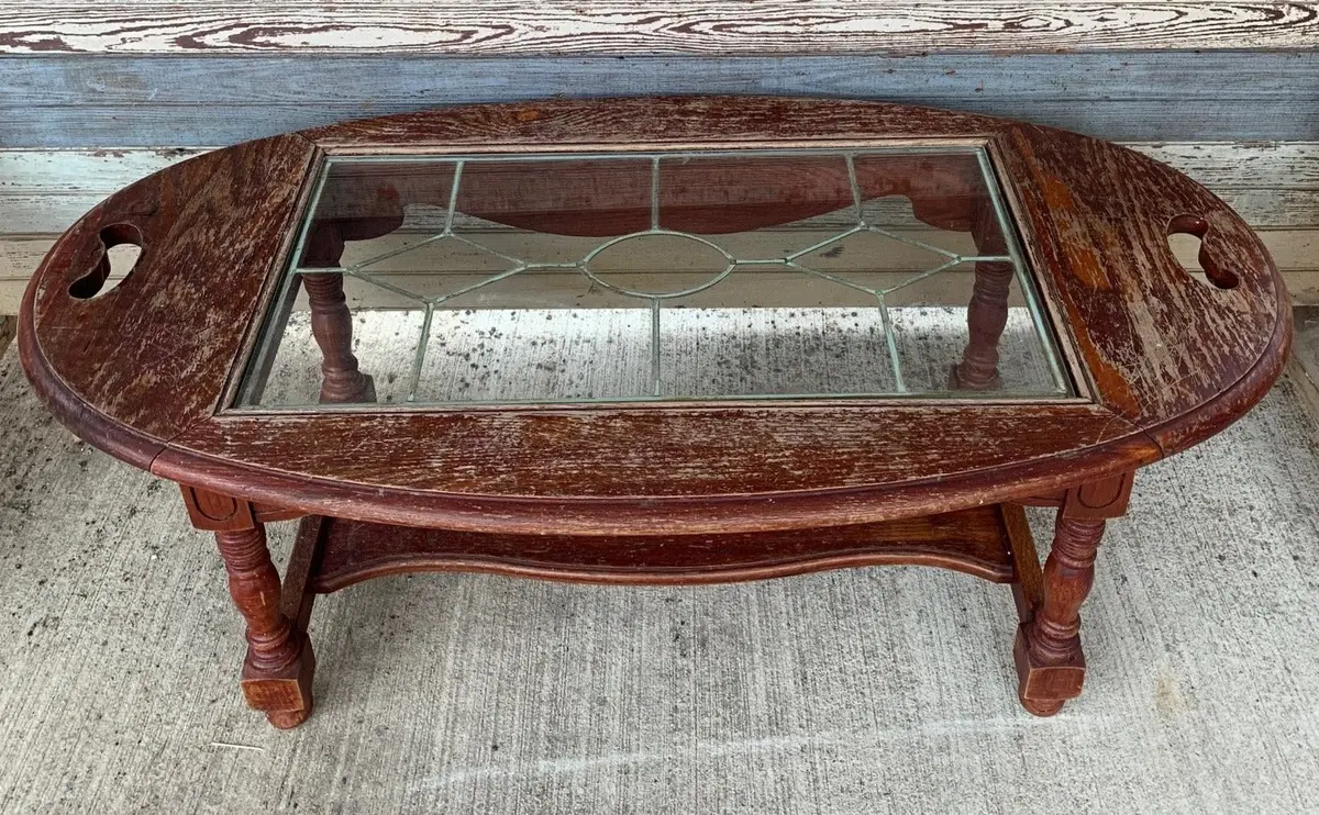 American Oak Coffee Table With Inset Brass Cambed Window 1