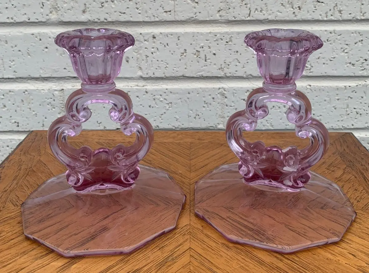 Pair Of Purple Depression Glass Candle Sticks 1