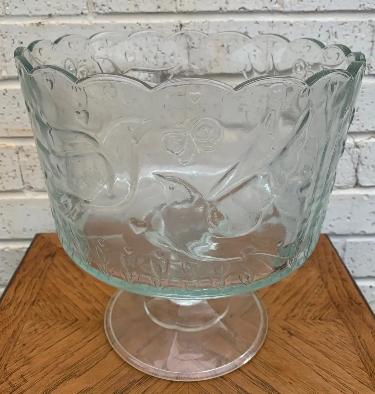 Large Clear Glass Footed Antique Birds Compote 1