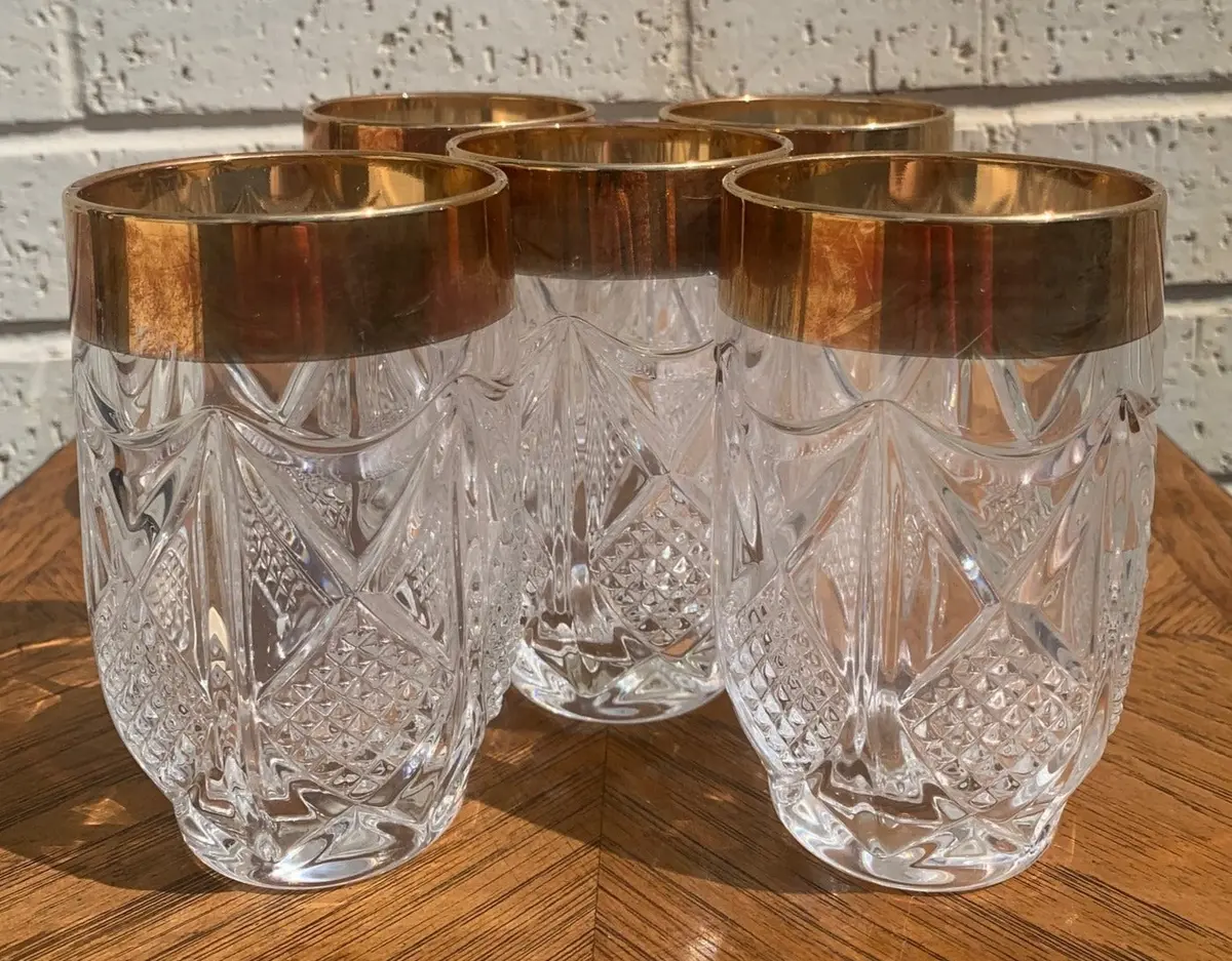 Set Of 5 Gold Rim Pressed Glass Tumblers 1