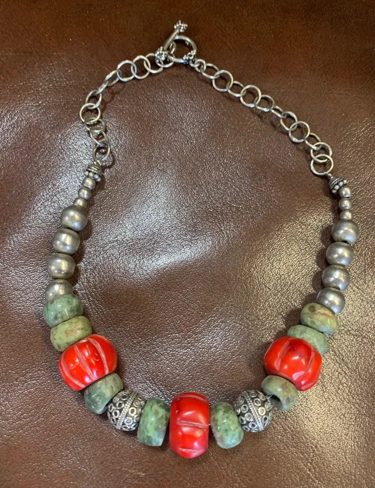 Red, Green, And Silver Beaded Necklace 1