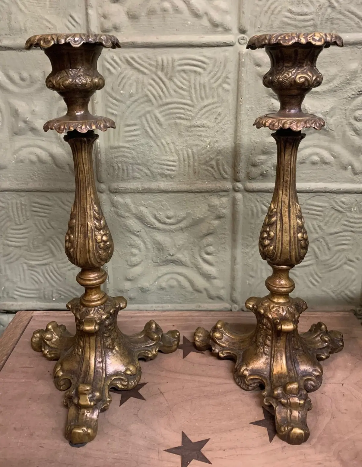 Pair Of Very Ornate Bronze Castilian Candlesticks 1