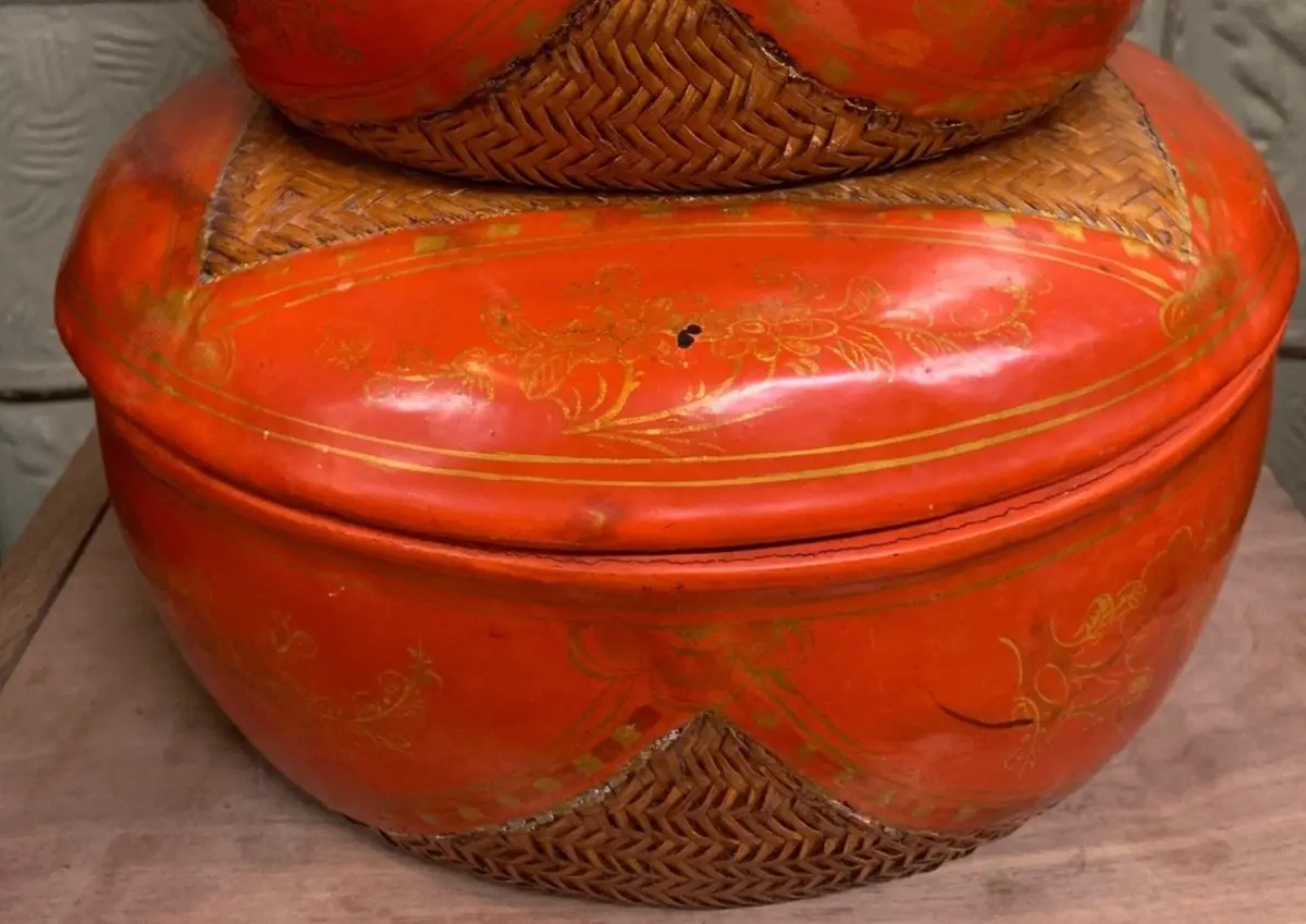 Antique Asian Red Lacquer Round Box 1