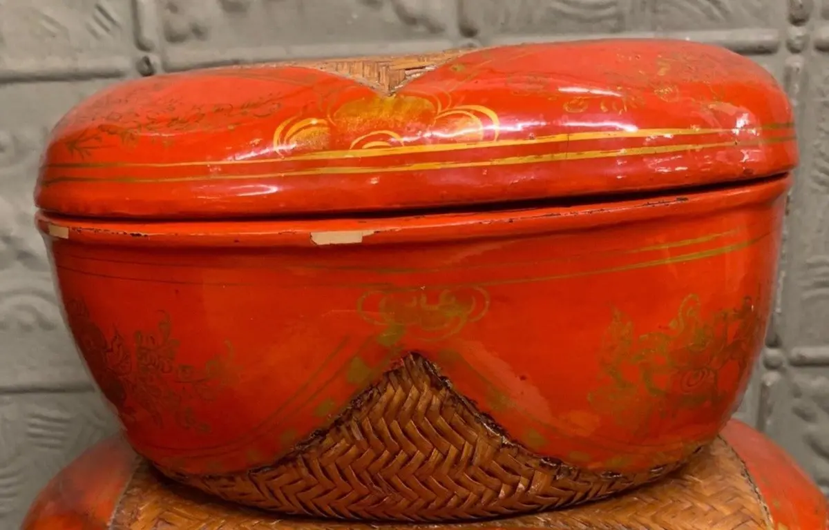 Antique Asian Red Lacquer Round Box 1