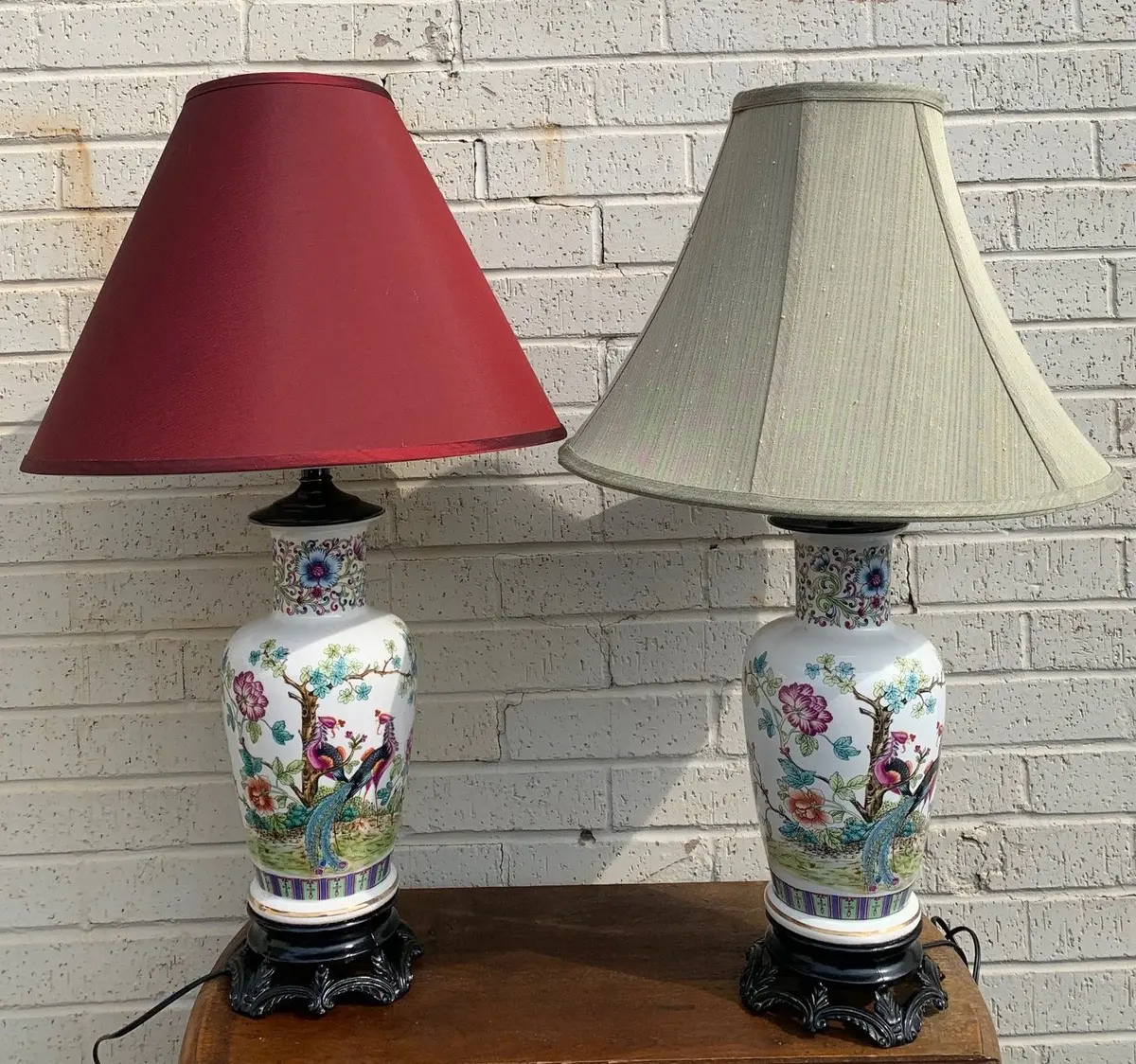 Pair Of Asian Lamps With Peacocks Design 1