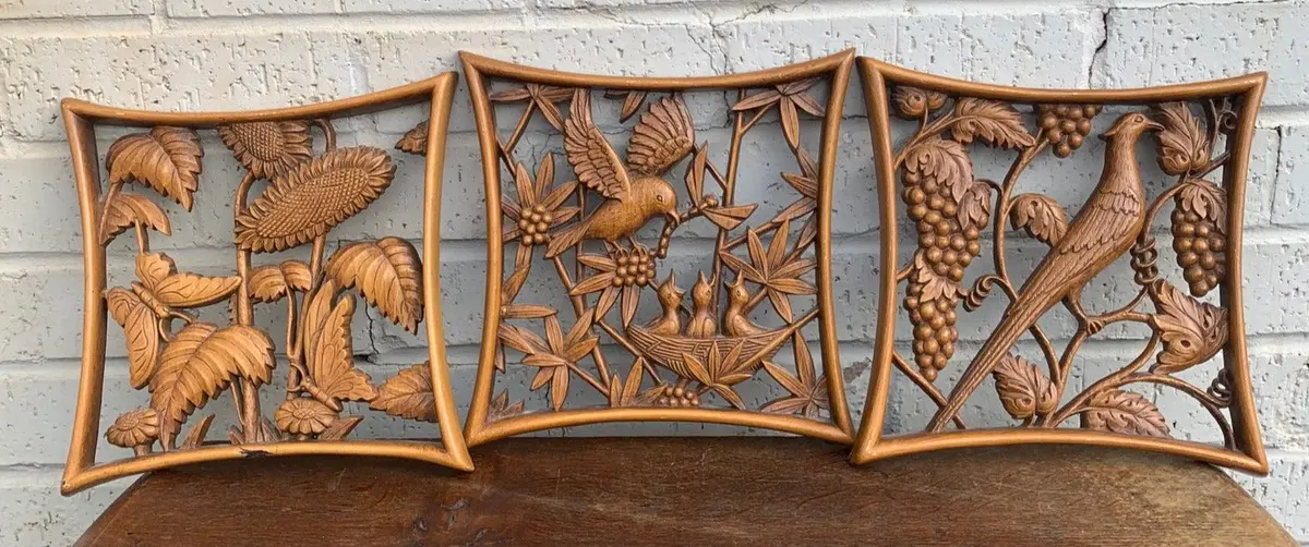 Set Of 3 Carved Syraco Wood Vintage Wall Plaques With Birds And Bugs 1