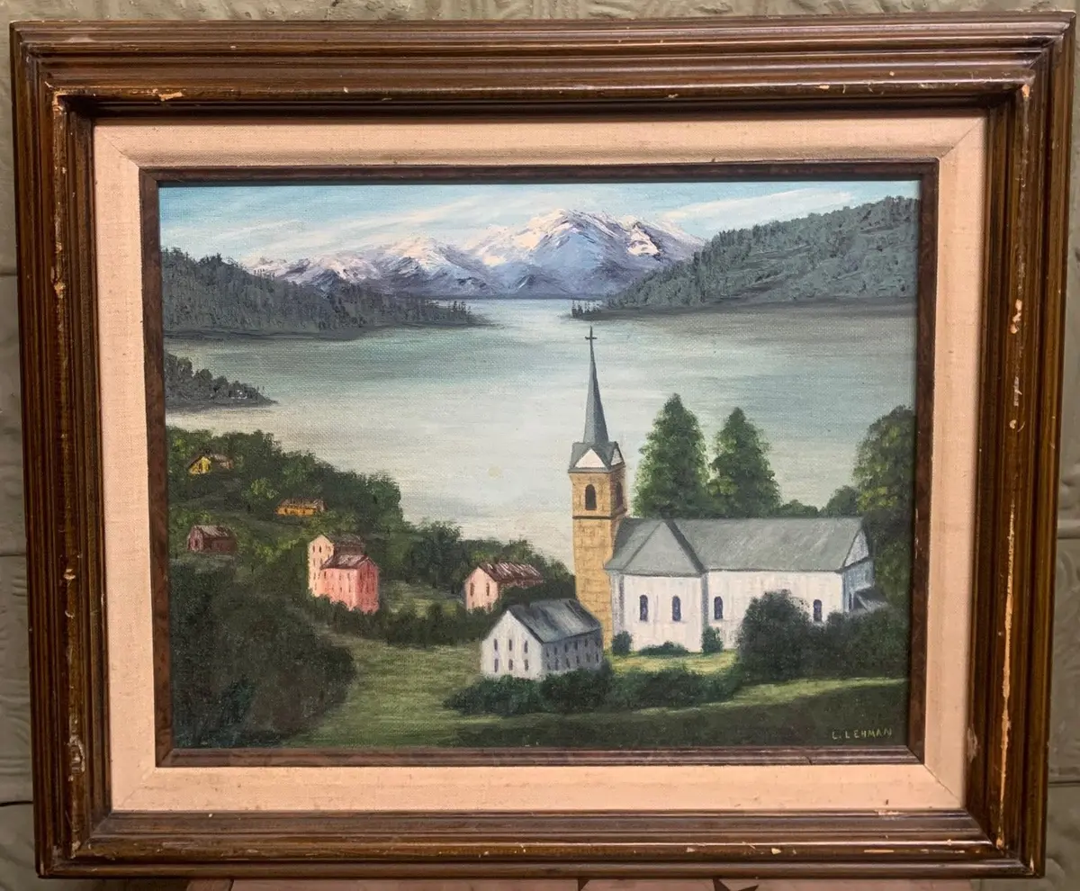Small Landscape Oil Painting Of Lake And Mountains With Church By L. Lehman 1
