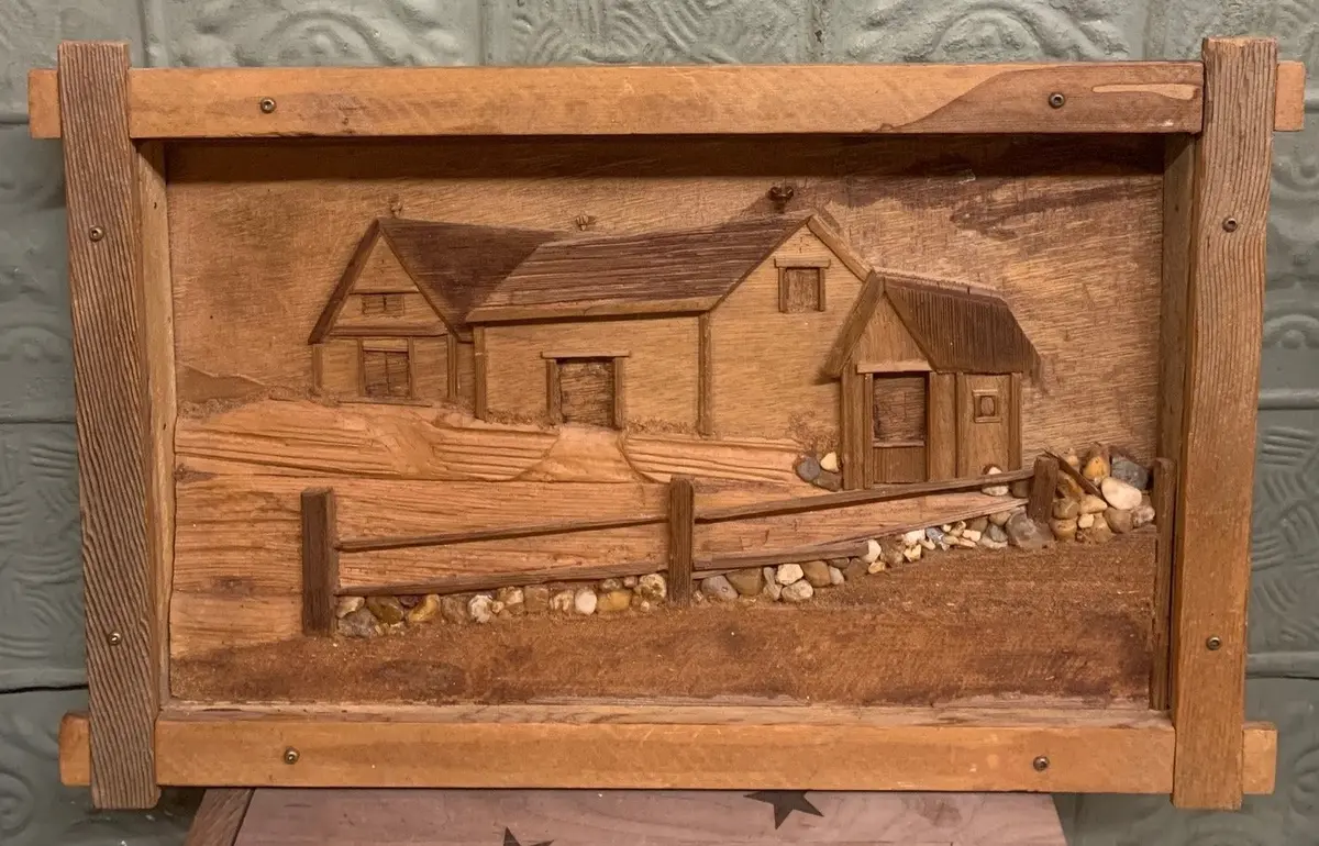 Folk Art Shadow Box With Wood House Relief 1