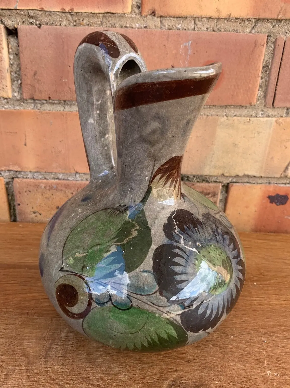 Floral Mexican Glazed Terracotta Pitcher 1