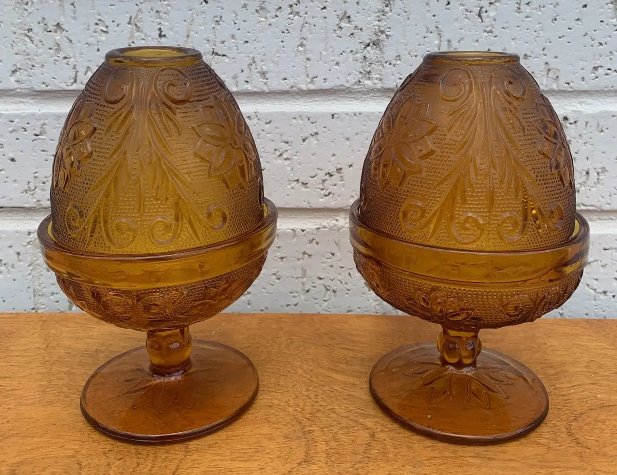 Pair Of Amber Tiara Indiana Daisy Glass Fairy Lamps 1