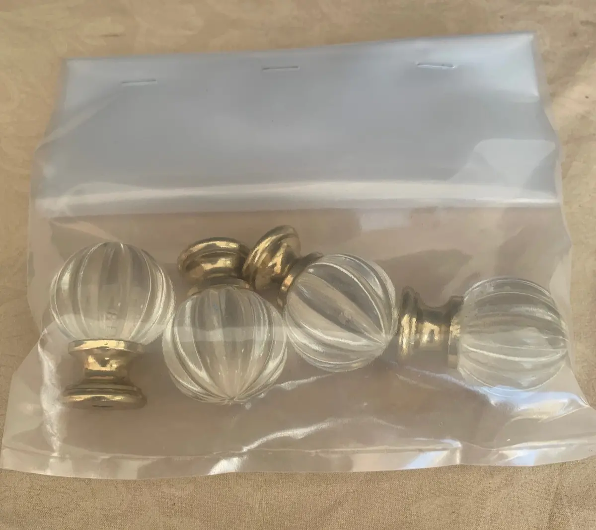Set Of 4 Round Ribbed Glass With Brass Drawer Knobs 1