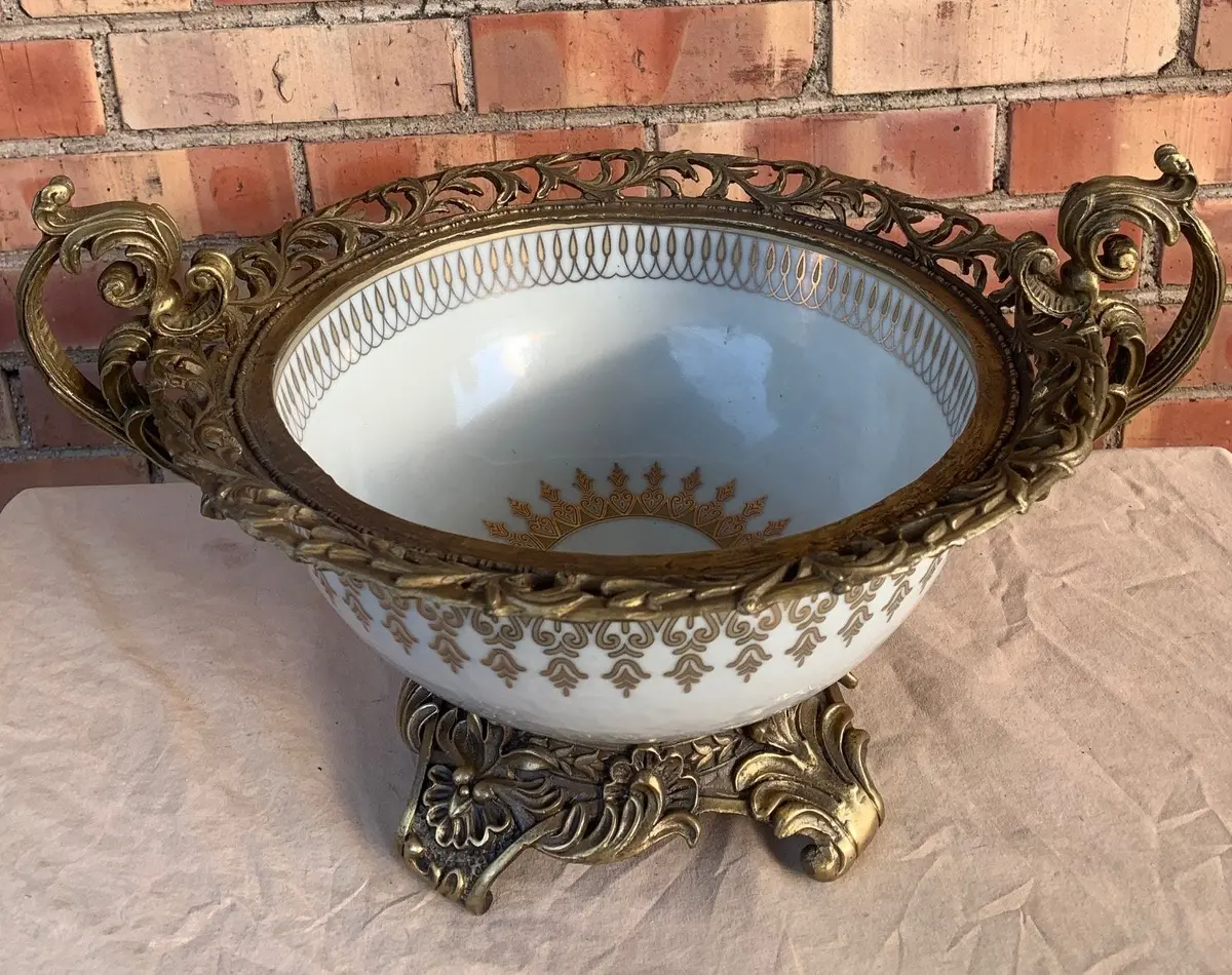 Not Old Ornate Porcelain And Brass Center Bowl 1