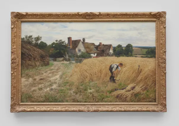 Large Gilt Framed Wheat Harvester Oil Painting Signed John Chataeu Clayton Adams 1