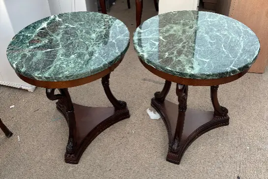 Pair Of Green Marble Top Swan Tables 1