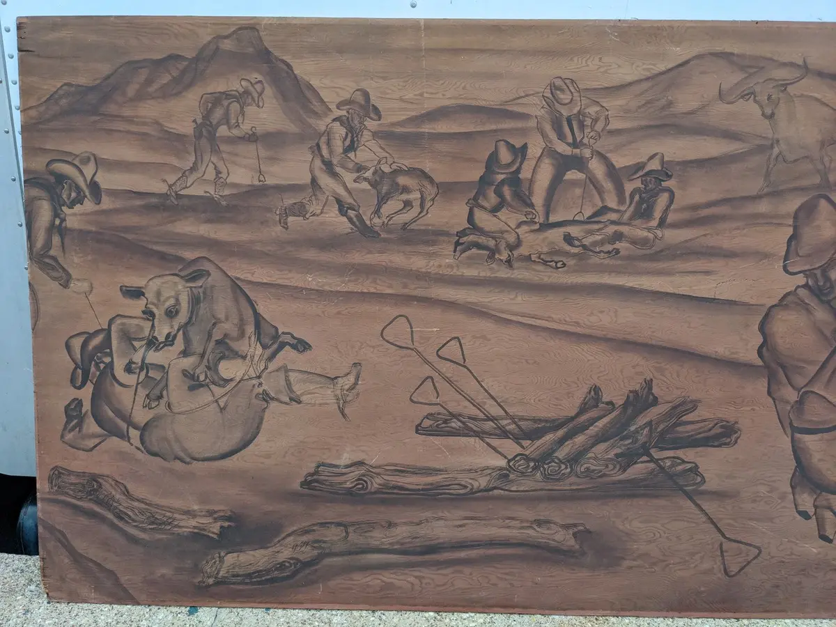 Western Cow Roping Mural On Board 1