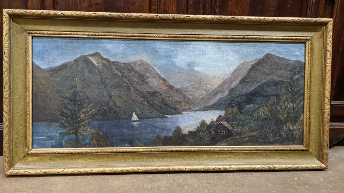 1920'S Primitive Fiord Landscape Oil Painting In Gilt Frame 1
