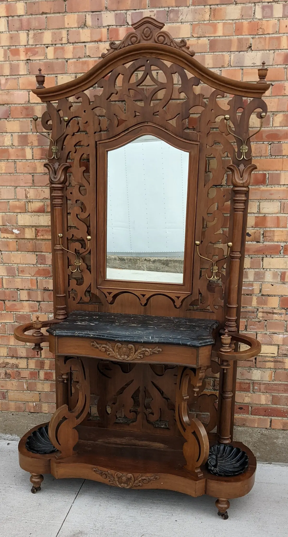 Fretwork Carved Rosewood Hall Tree With Marble Top 1