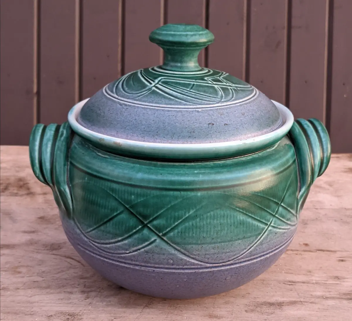 J.K. Dryden Green And Violet Lidded Pot 1