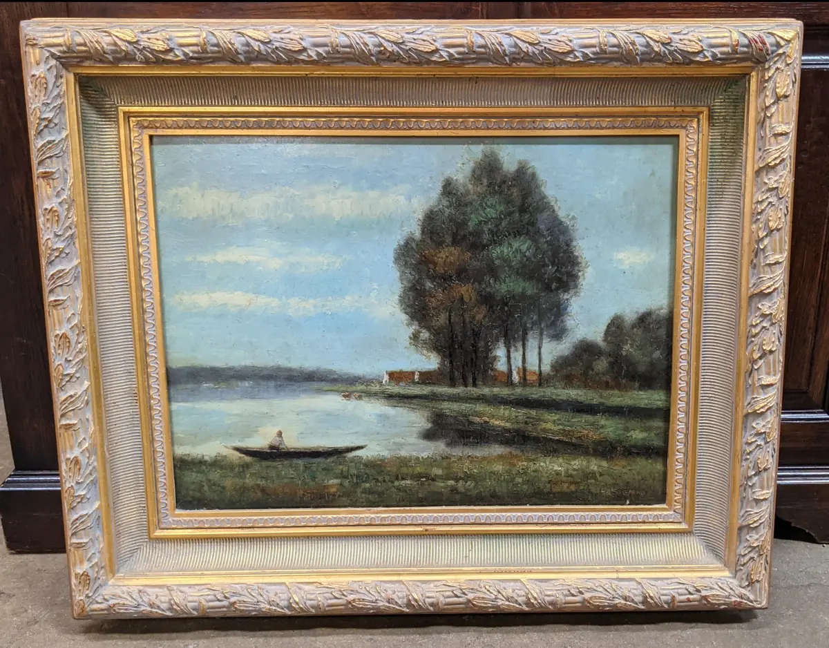 Landscape Oil Painting With Small Boat On Lake 1