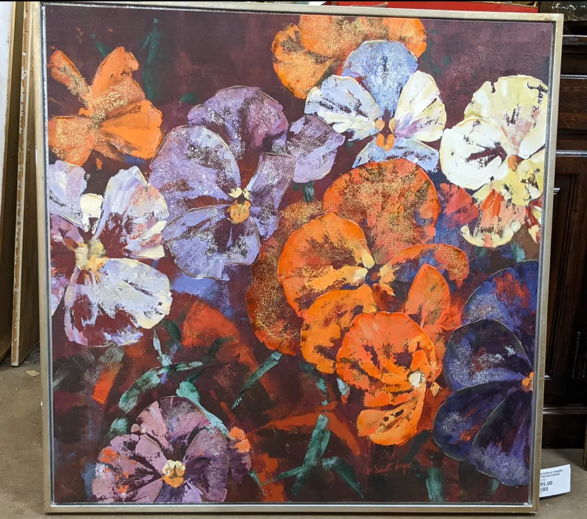 Large Acrylic Pansies Painting On Canvas 1