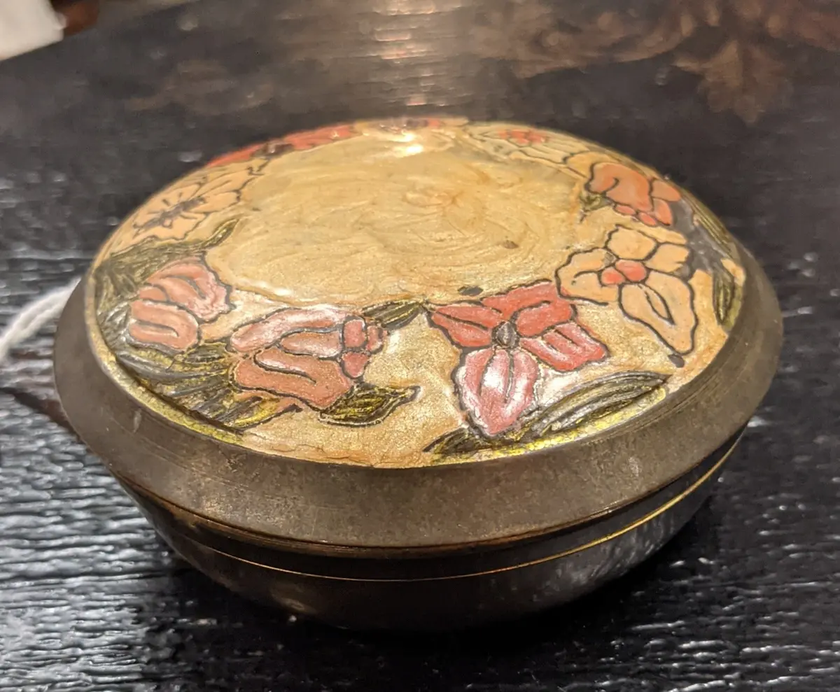 Small Round Floral Nouveau Enameled Brass Box 1