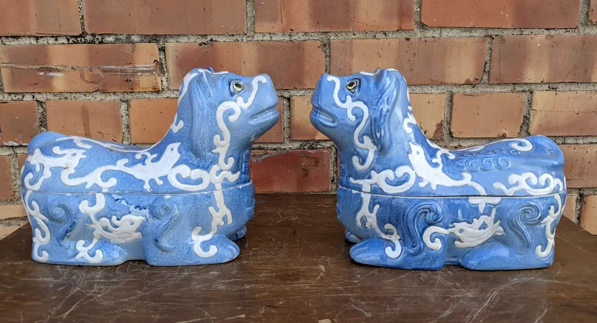 Pair Of  Blue Glazed Foo Dog Boxes 1