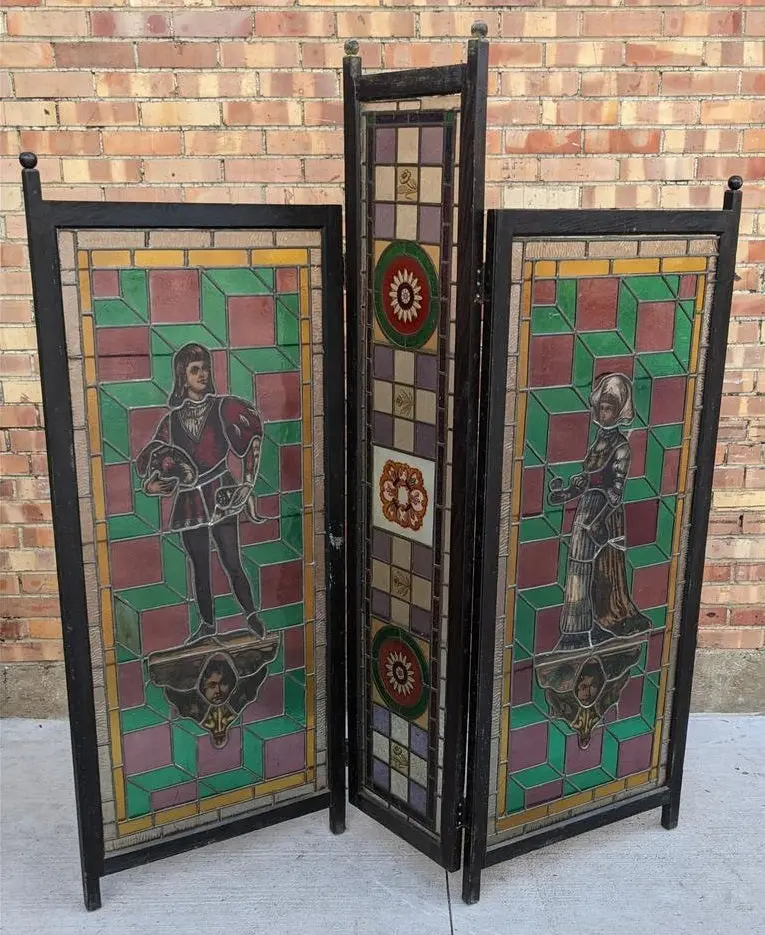3 Panel Stained Glass Screen With Man And Woman Figures 1