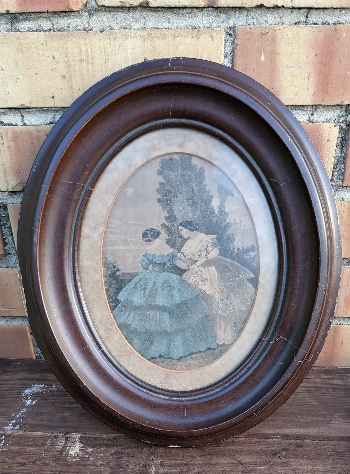 Oval Dark Wood Framed Victorian Print Of Women 1