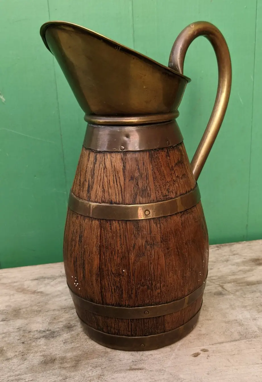 Small Brass And Oak Barrel Pitcher 1