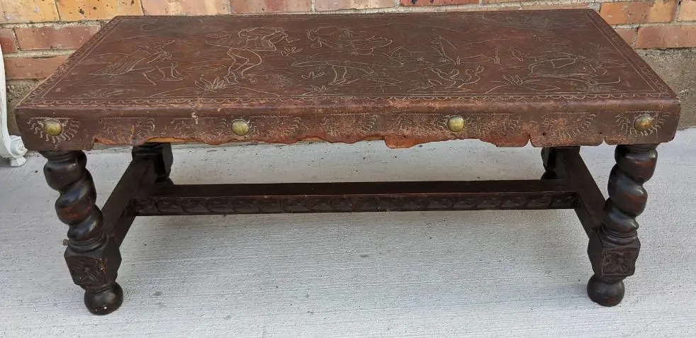 Tooled Leather Bench With Barley Twist Legs 1