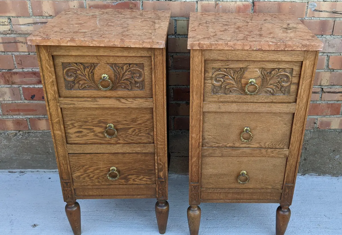 Pair Of Art Deco Marble Top Oak Night Stands 1