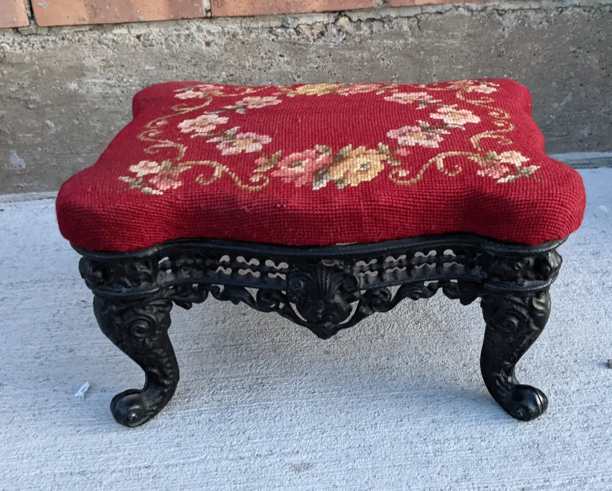 Small Cast Iron Footstool With Needlepoint Cushionx 1