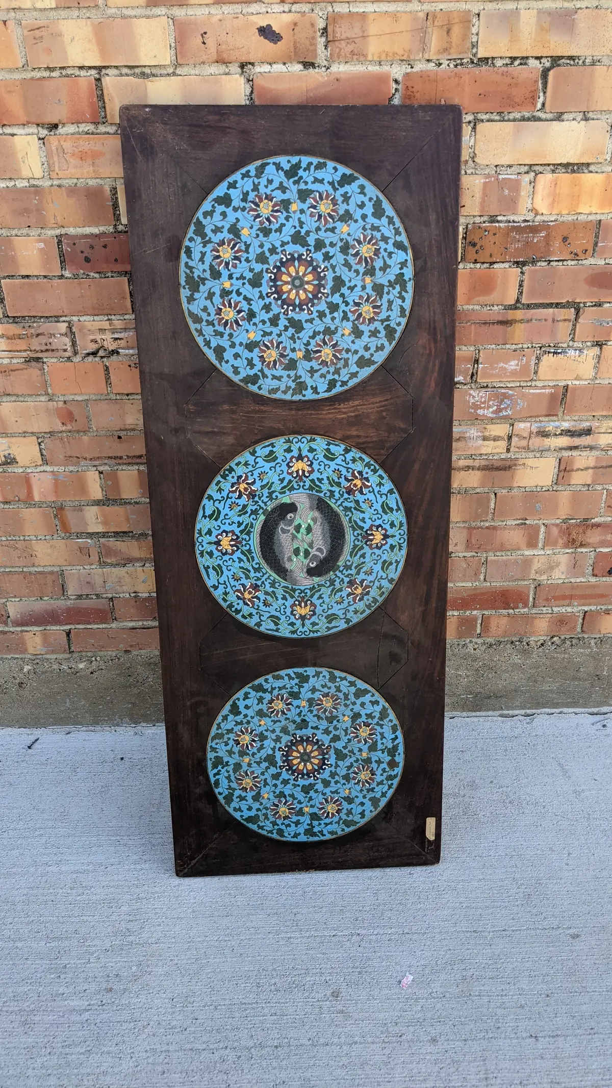 Wood Wall Plaque With 3 Cloisonne Inserts 1