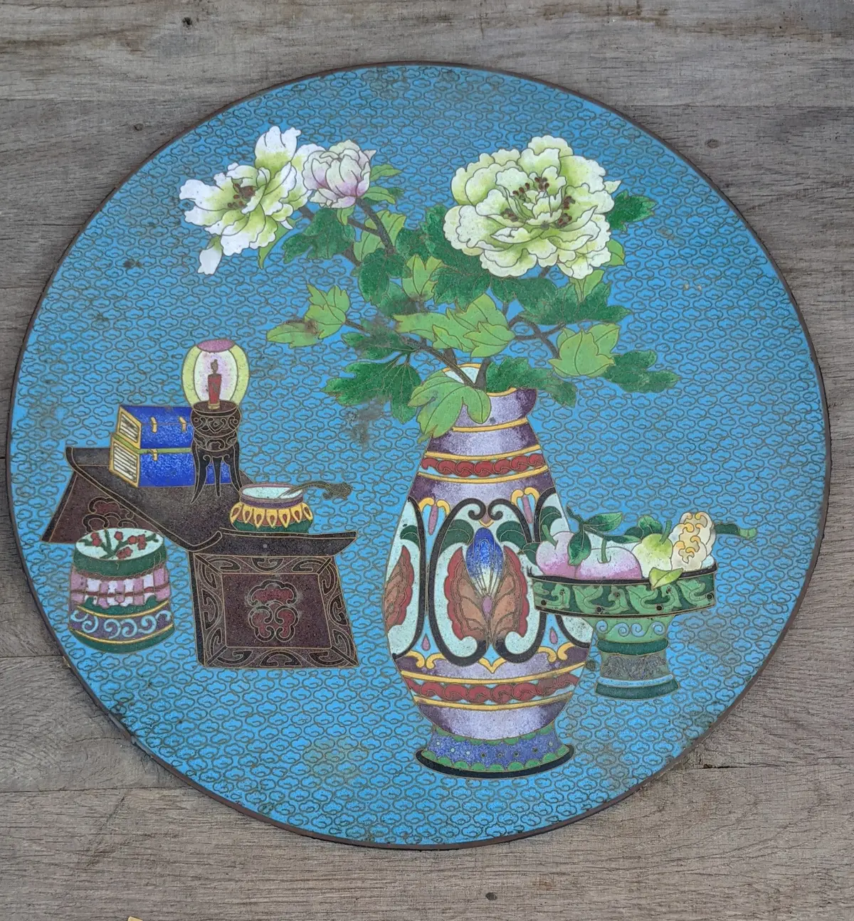 Cloisonne Plaque With Vase And Flowers 1
