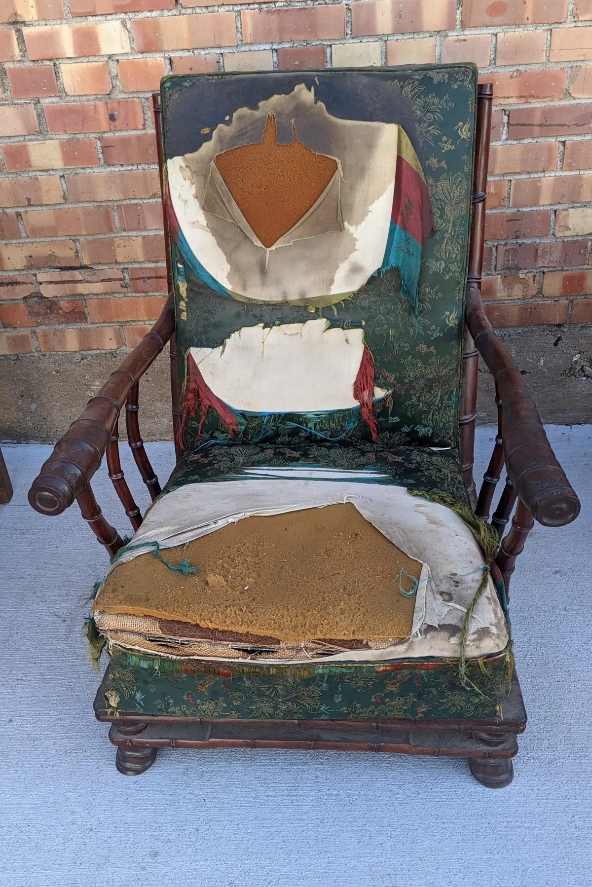 Chinese Faux Bamboo Heavy Arm Chair-As Found Upholstery 1
