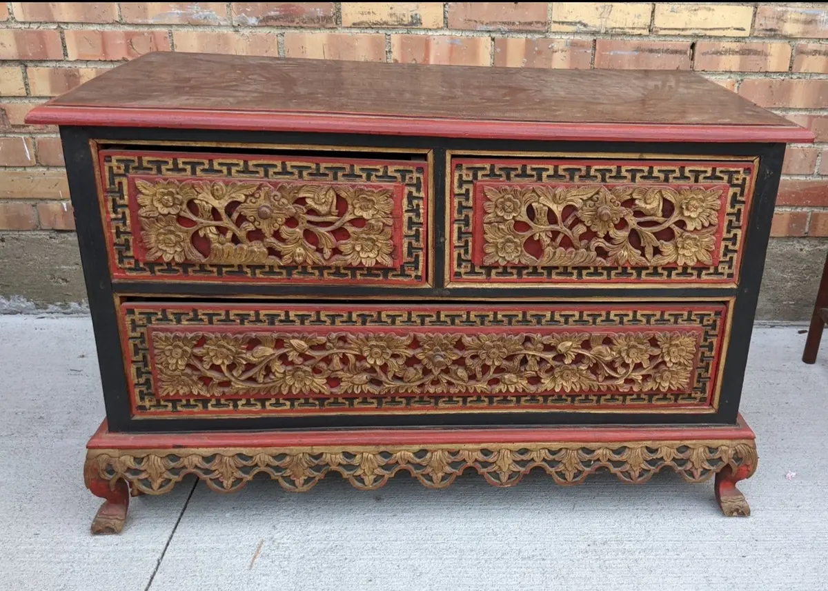 Chinese Red And Gold Carved Low  Chest - As Is Legs Reinforced 1