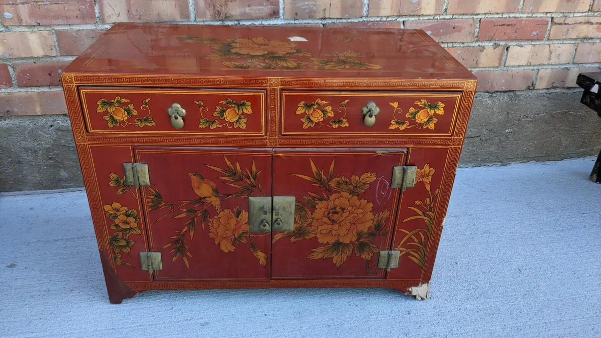 Small As Found Orange 2 Drawer Cabinet With Birds 1