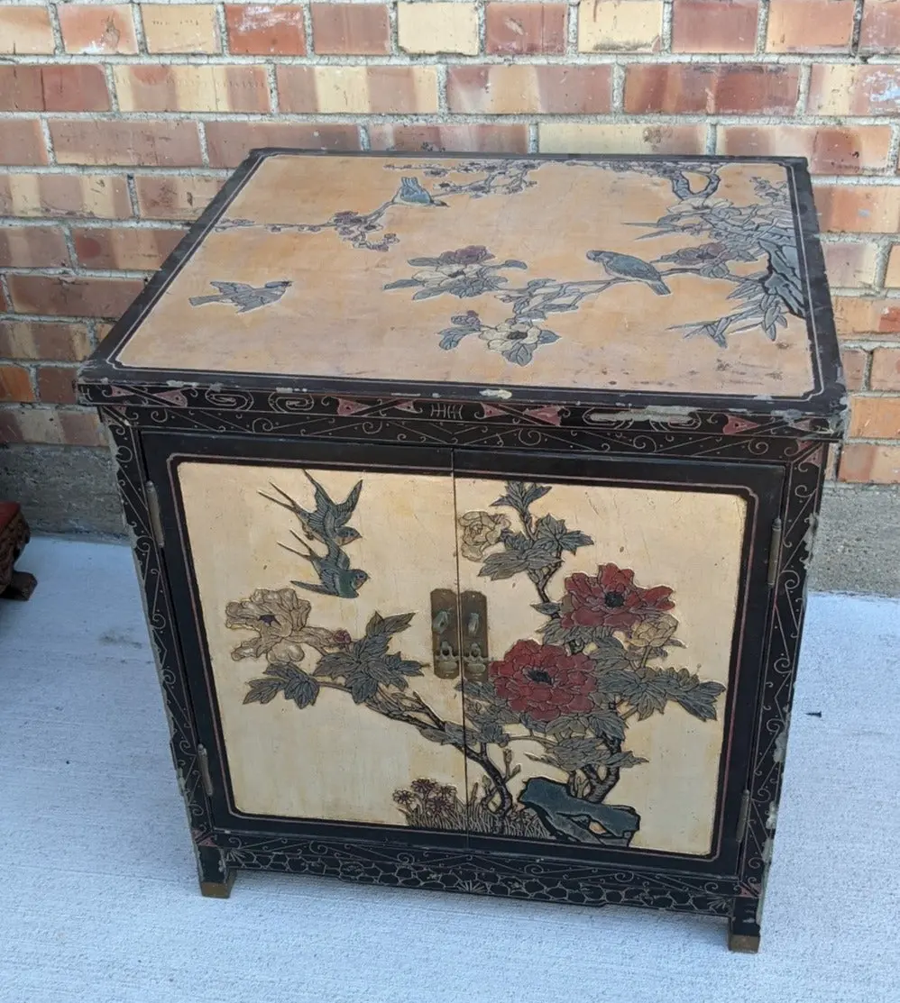 Gold And Black Chinese Side Cabinet With Flowers 1