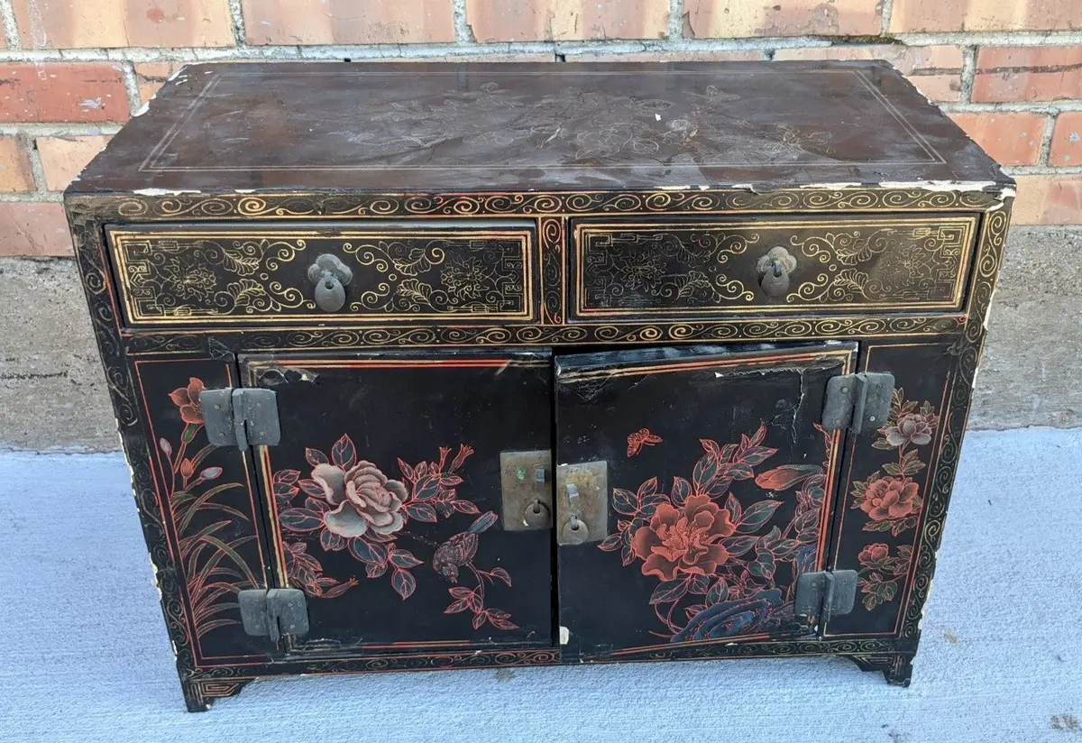 Distressed Small Chinese Black Lacquered 2 Drawer Cabinet With Flowers 1