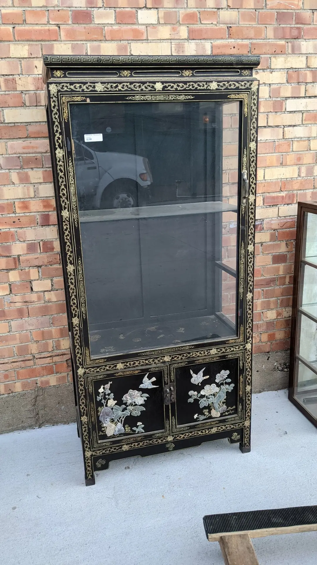 Chinese Black Lacquer Display With Gold Trim And Applied Birds 1