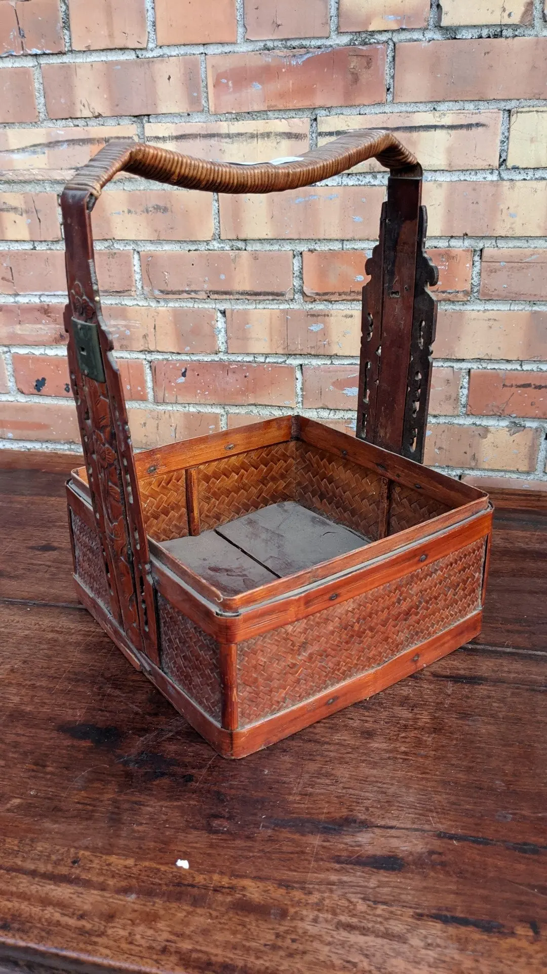 Chinese Woven Rattan Basket With Carved Wood Handle 1