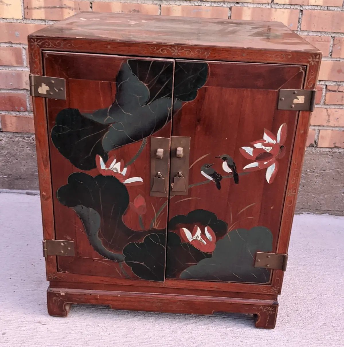 Chinese Wood Side Cabinet With Painted Lily Pads And Brass Trim 1