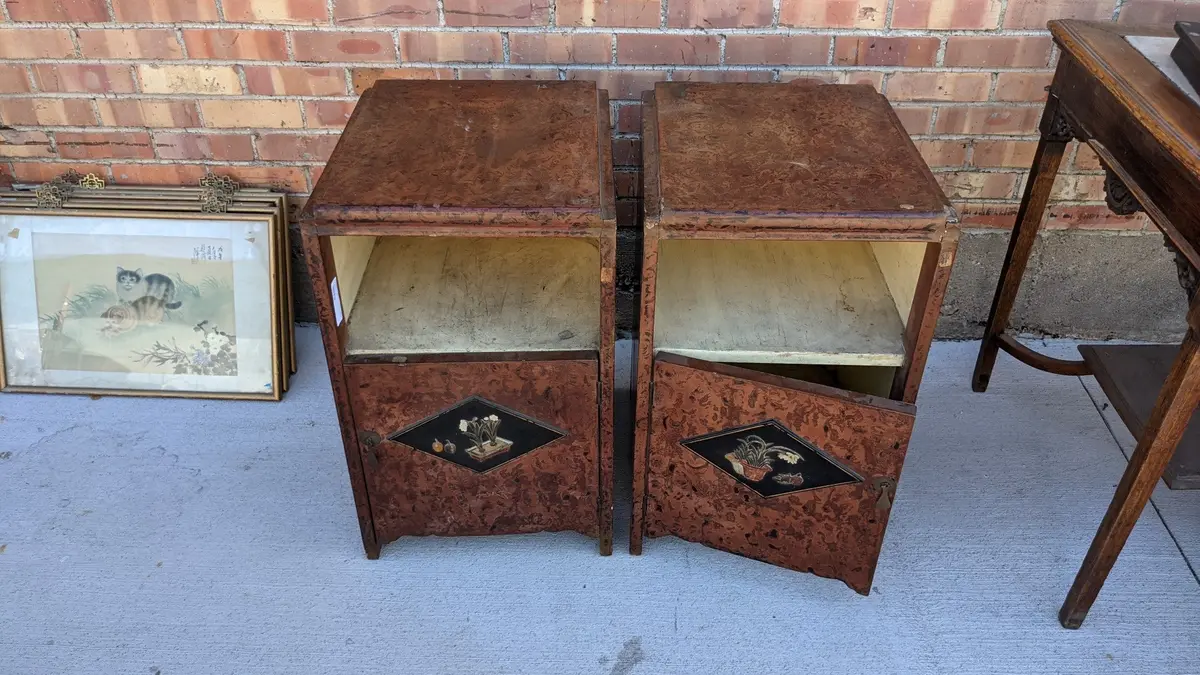 Pair Of Chinese Deco Burled Night Stands 1