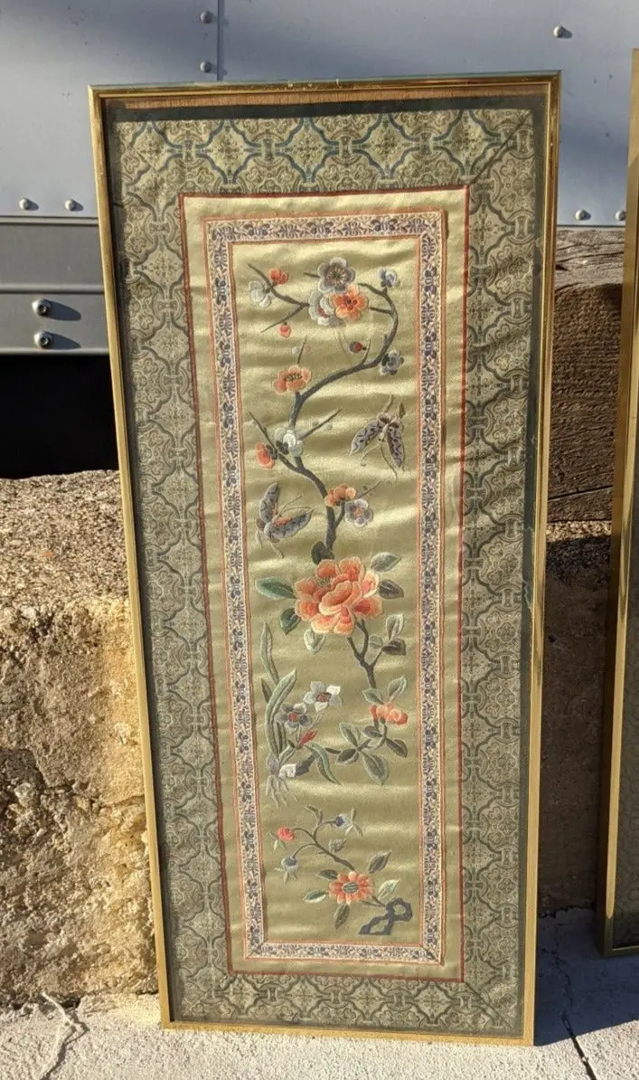 Framed Floral Embroidery Chinese Silk 1