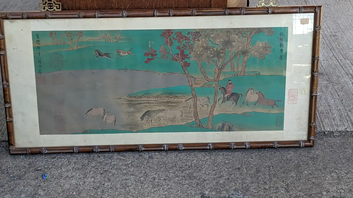 Horizontal Chinese Man On A Horse By A Lake Painting - Signed 1