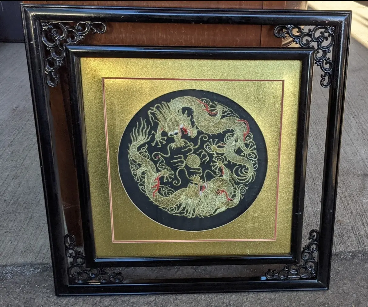Small Square Black Lacquer Framed Dragon Embroidery 1