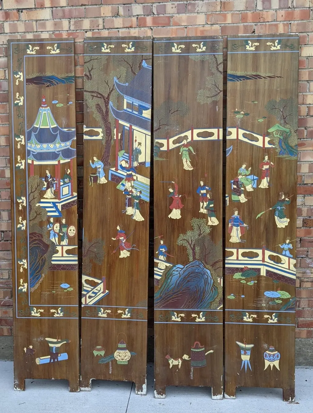 Incomplete Chinese Screen As Found With 4 Colorful Panels 1