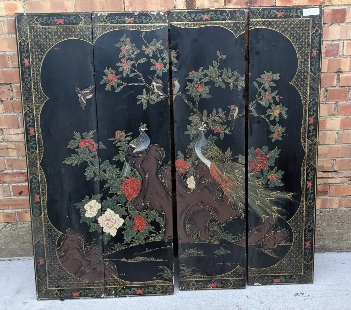 4 Panel Black With Peacocks Screen 1